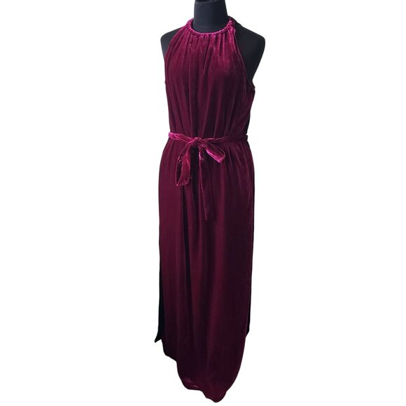 Katharine Kidd Burgundy Red Velvet Sleeveless Halter Midi Holiday Party Dress - Picture 13 of 16